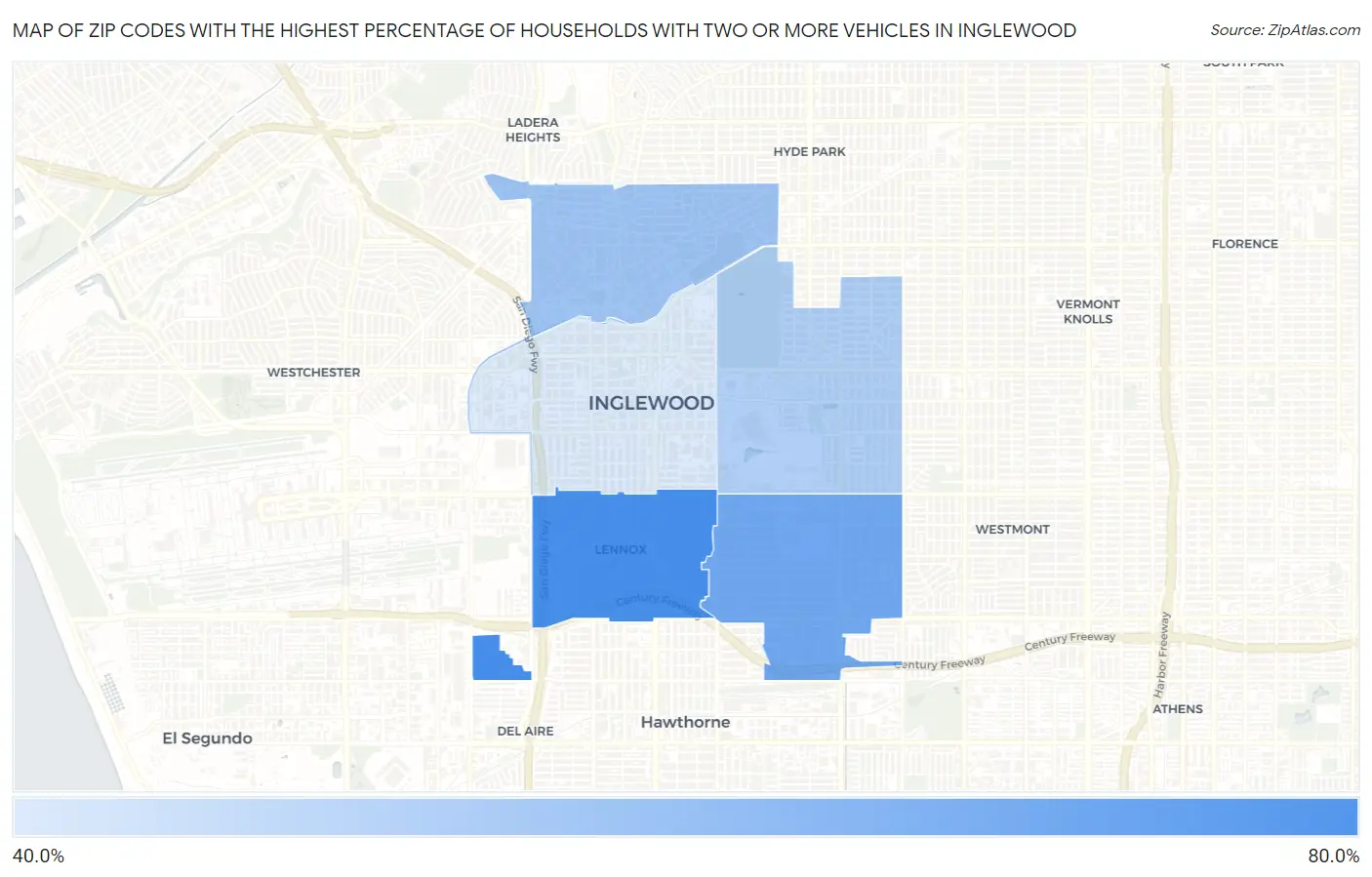 Zip Codes with the Highest Percentage of Households With Two or more Vehicles in Inglewood Map