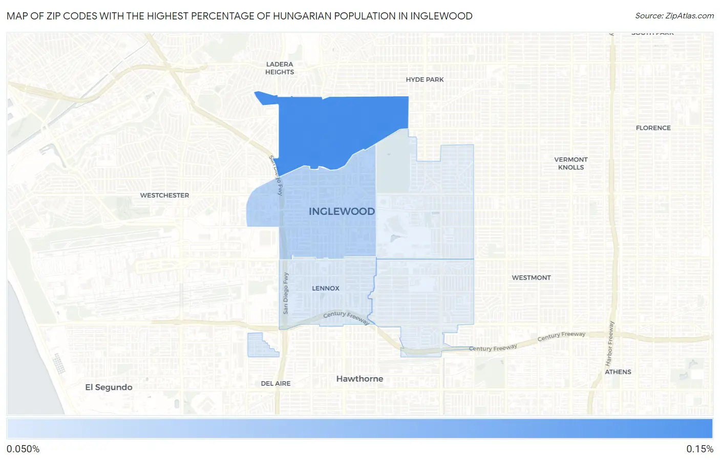 Zip Codes with the Highest Percentage of Hungarian Population in Inglewood Map