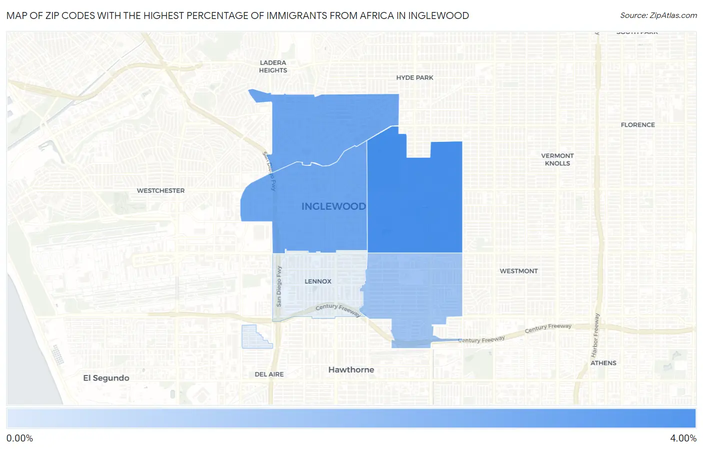 Zip Codes with the Highest Percentage of Immigrants from Africa in Inglewood Map