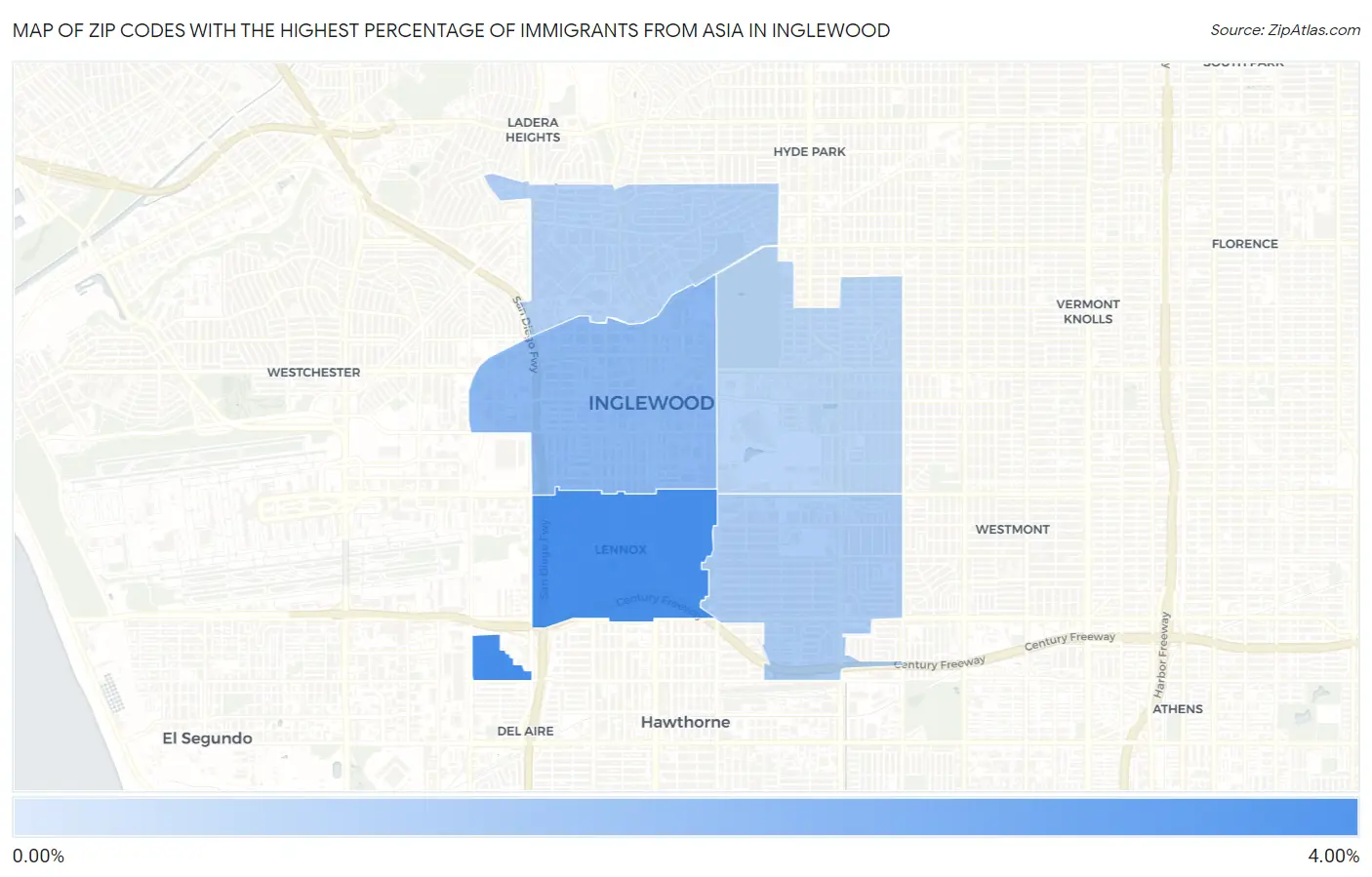 Zip Codes with the Highest Percentage of Immigrants from Asia in Inglewood Map