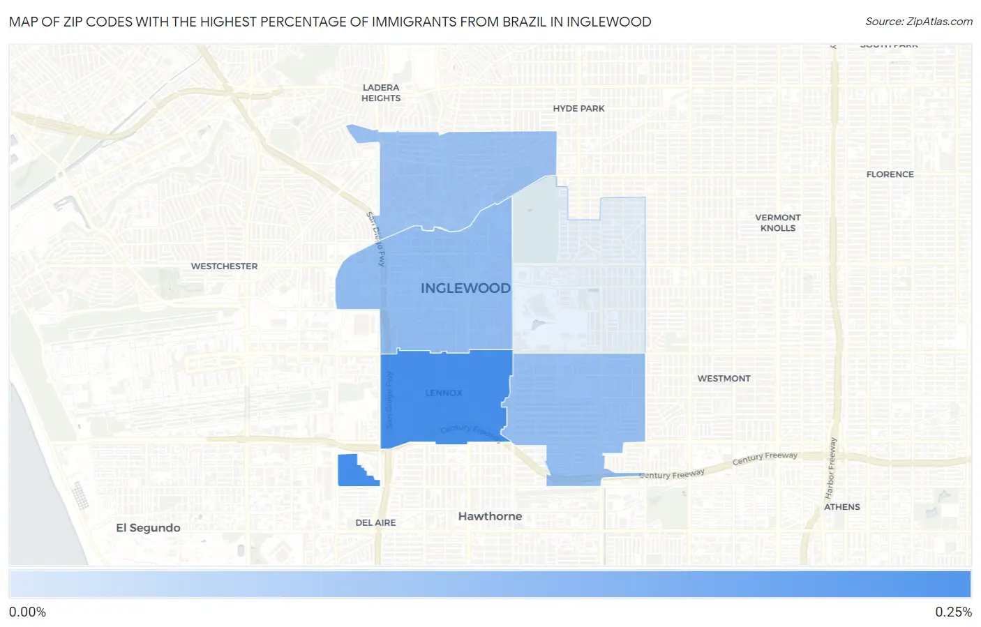 Zip Codes with the Highest Percentage of Immigrants from Brazil in Inglewood Map