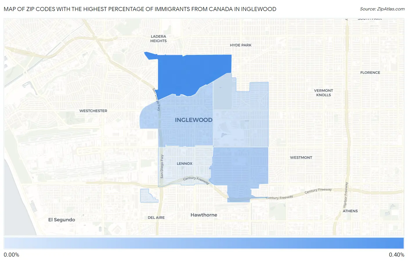 Zip Codes with the Highest Percentage of Immigrants from Canada in Inglewood Map