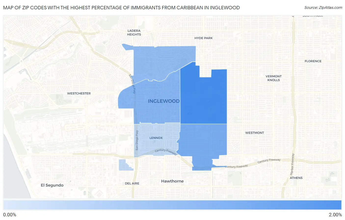 Zip Codes with the Highest Percentage of Immigrants from Caribbean in Inglewood Map
