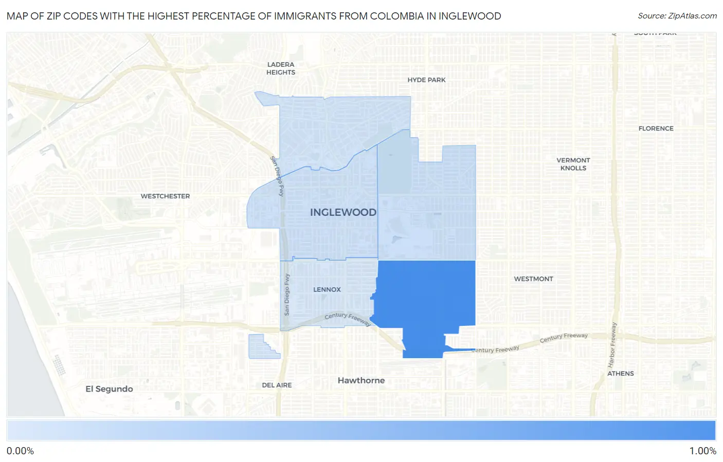 Zip Codes with the Highest Percentage of Immigrants from Colombia in Inglewood Map