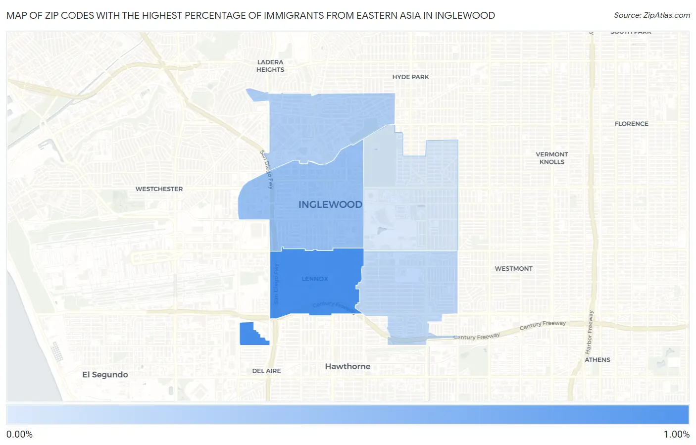 Zip Codes with the Highest Percentage of Immigrants from Eastern Asia in Inglewood Map
