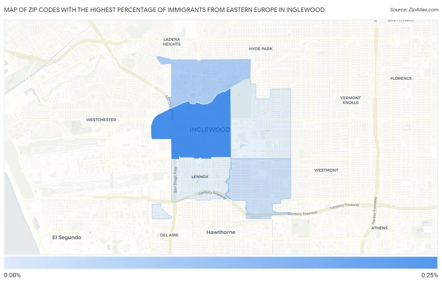 Zip Codes with the Highest Percentage of Immigrants from Eastern Europe in Inglewood Map
