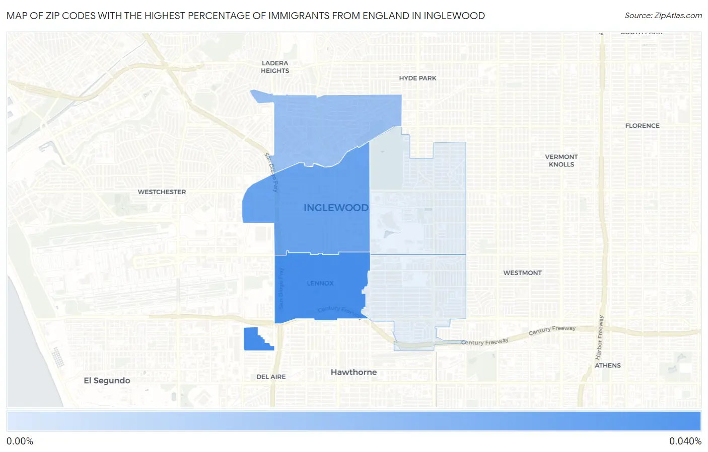 Zip Codes with the Highest Percentage of Immigrants from England in Inglewood Map
