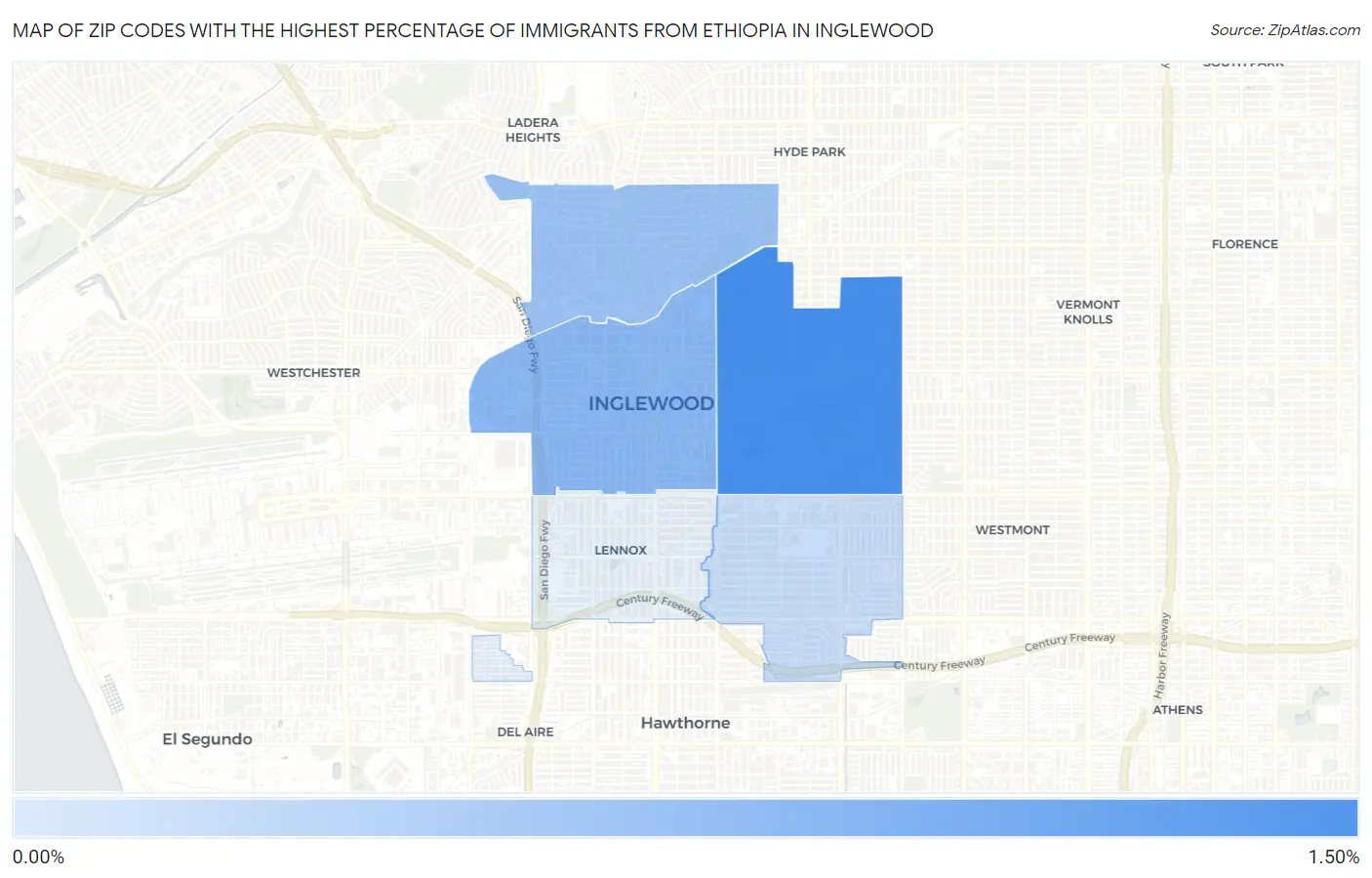 Zip Codes with the Highest Percentage of Immigrants from Ethiopia in Inglewood Map