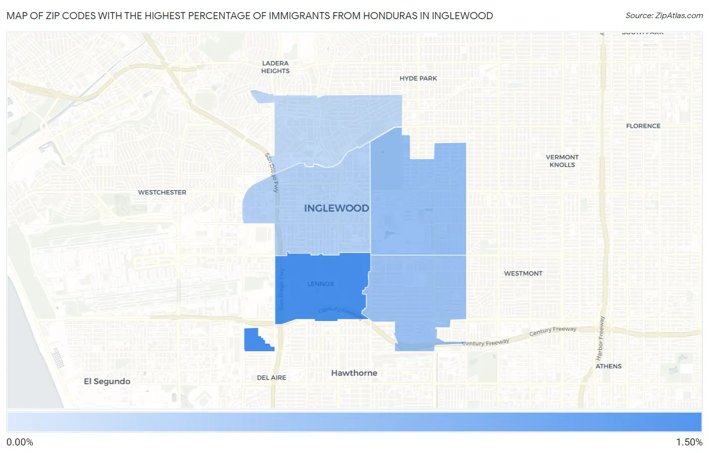 Zip Codes with the Highest Percentage of Immigrants from Honduras in Inglewood Map
