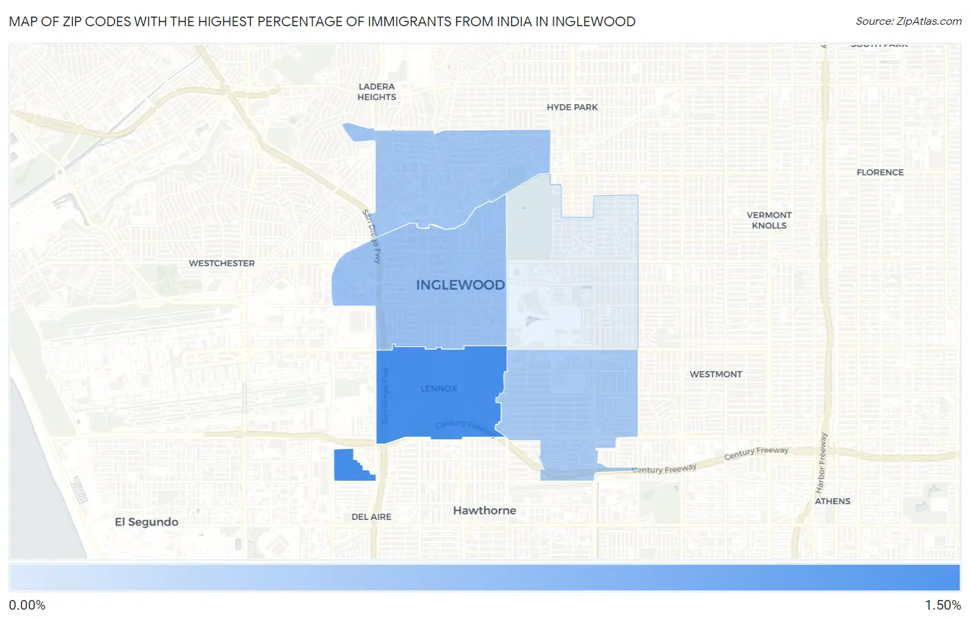Zip Codes with the Highest Percentage of Immigrants from India in Inglewood Map