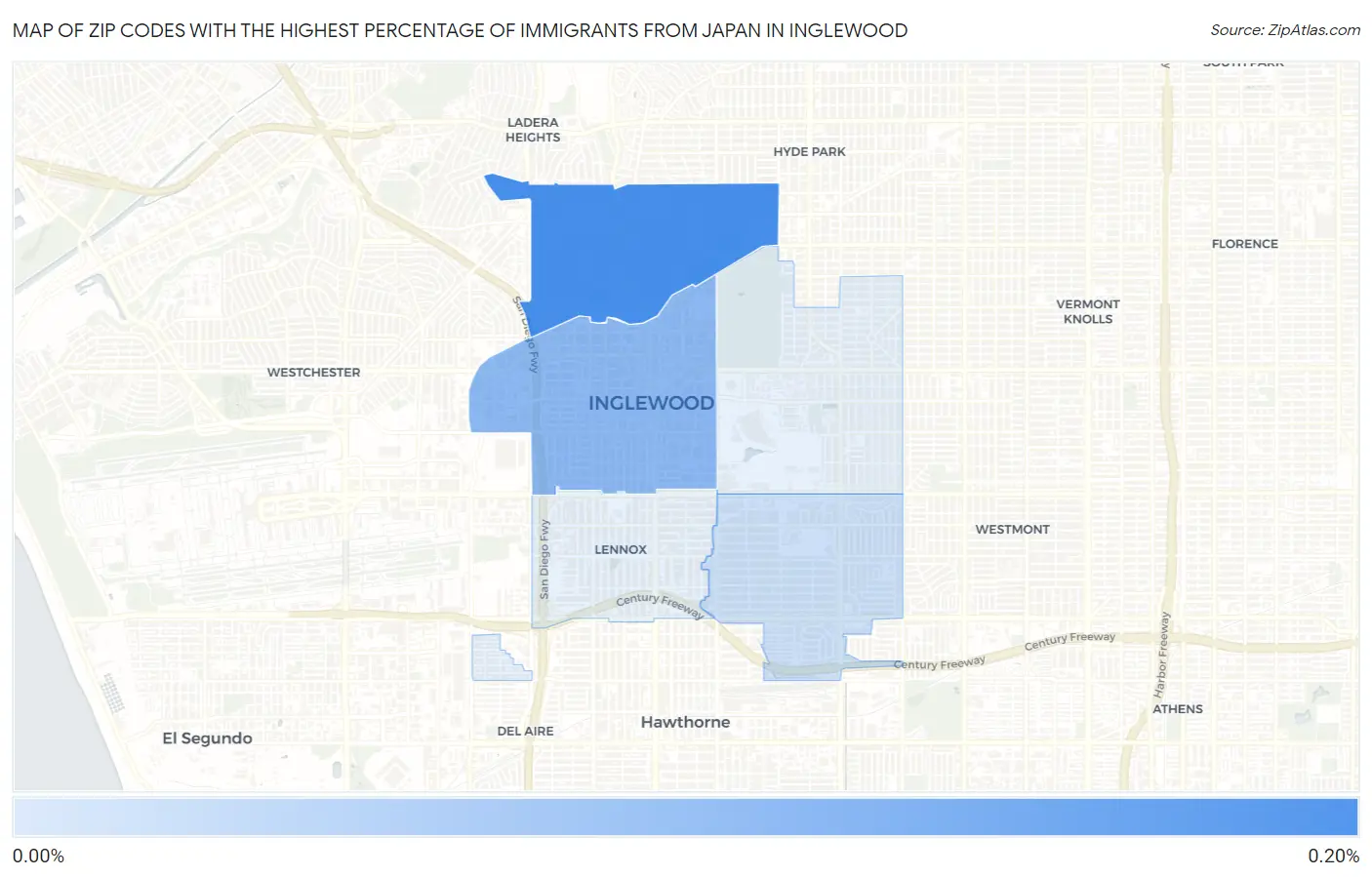 Zip Codes with the Highest Percentage of Immigrants from Japan in Inglewood Map