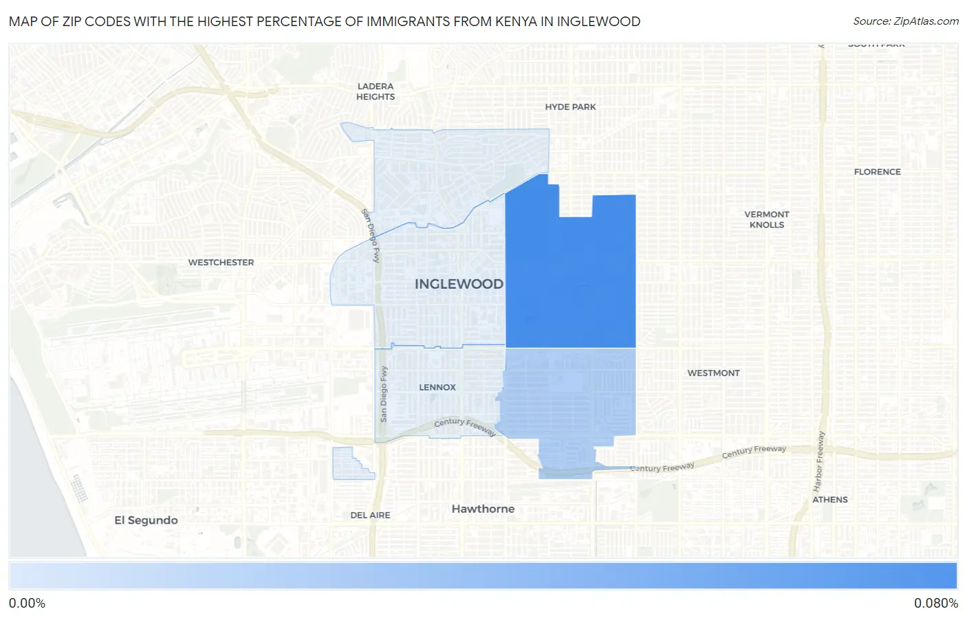 Zip Codes with the Highest Percentage of Immigrants from Kenya in Inglewood Map