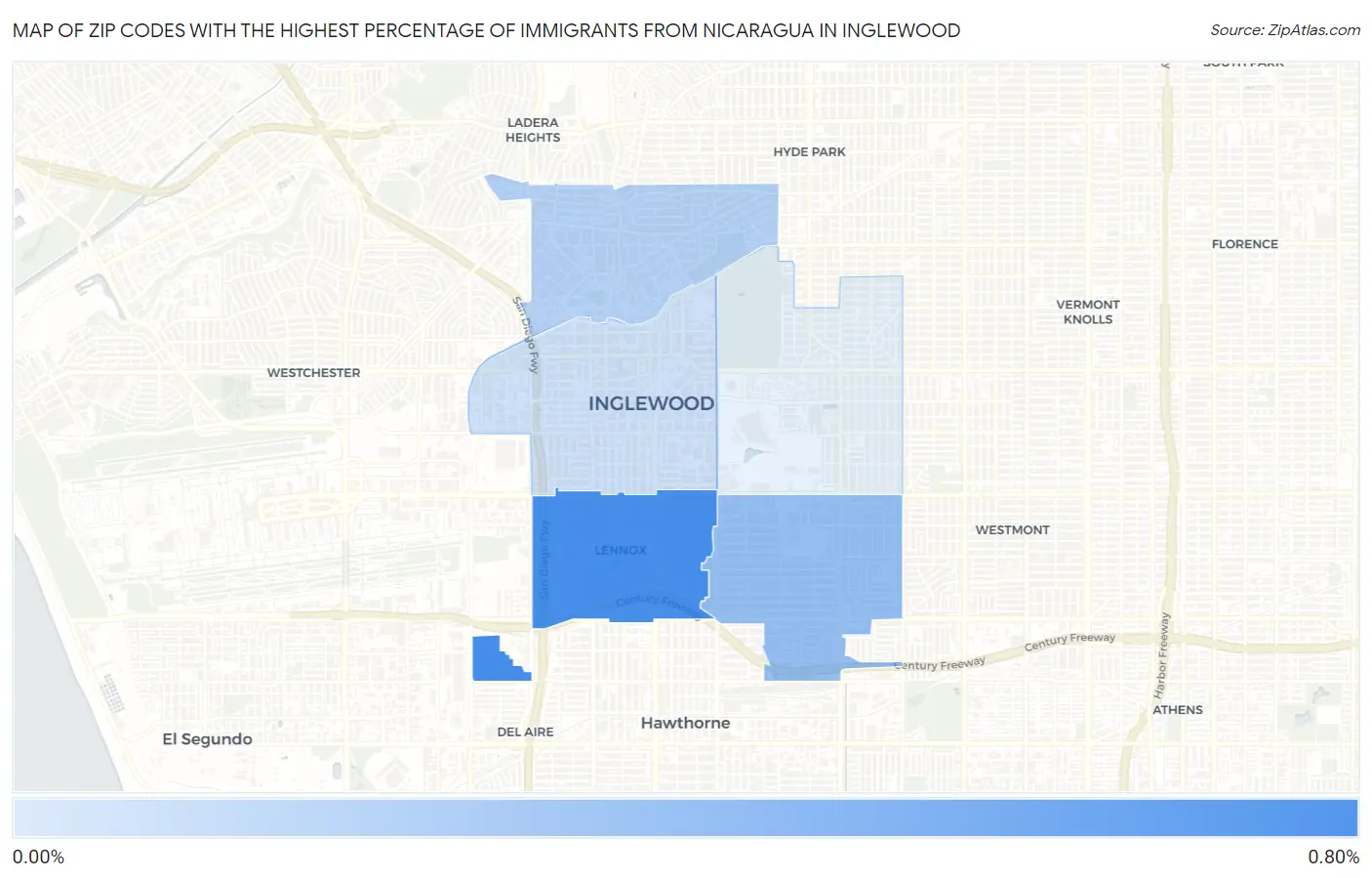 Zip Codes with the Highest Percentage of Immigrants from Nicaragua in Inglewood Map