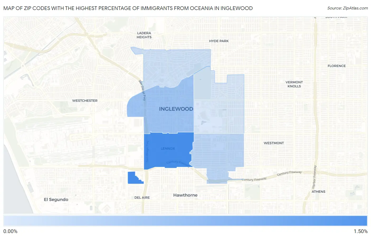 Zip Codes with the Highest Percentage of Immigrants from Oceania in Inglewood Map