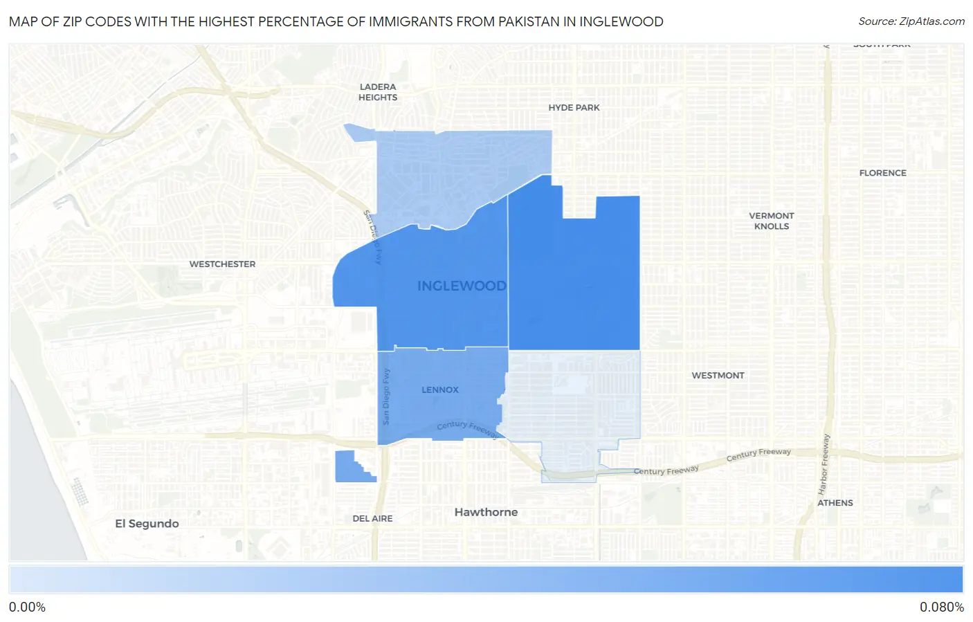 Zip Codes with the Highest Percentage of Immigrants from Pakistan in Inglewood Map