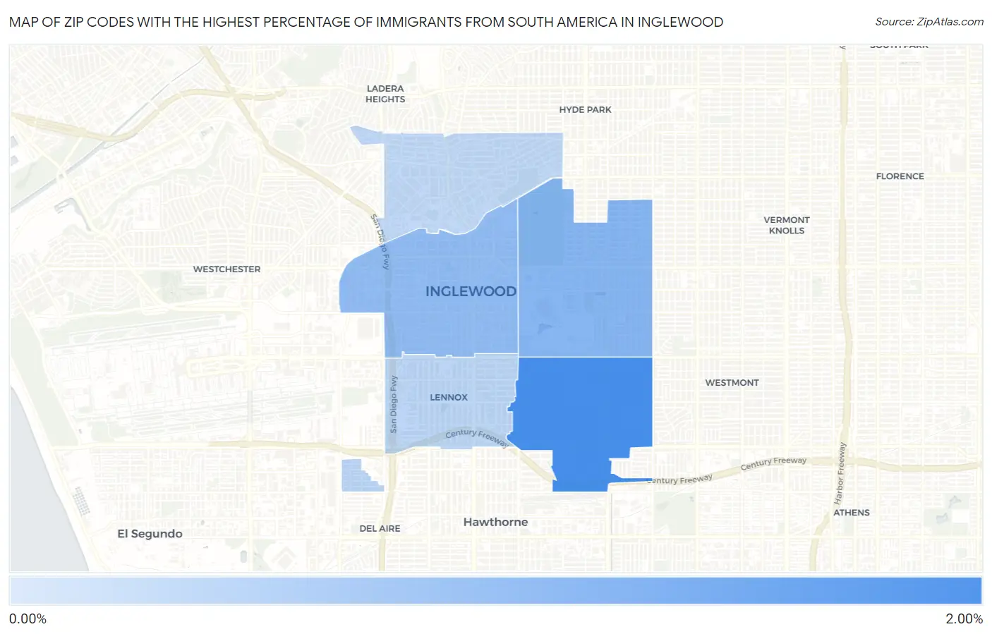 Zip Codes with the Highest Percentage of Immigrants from South America in Inglewood Map