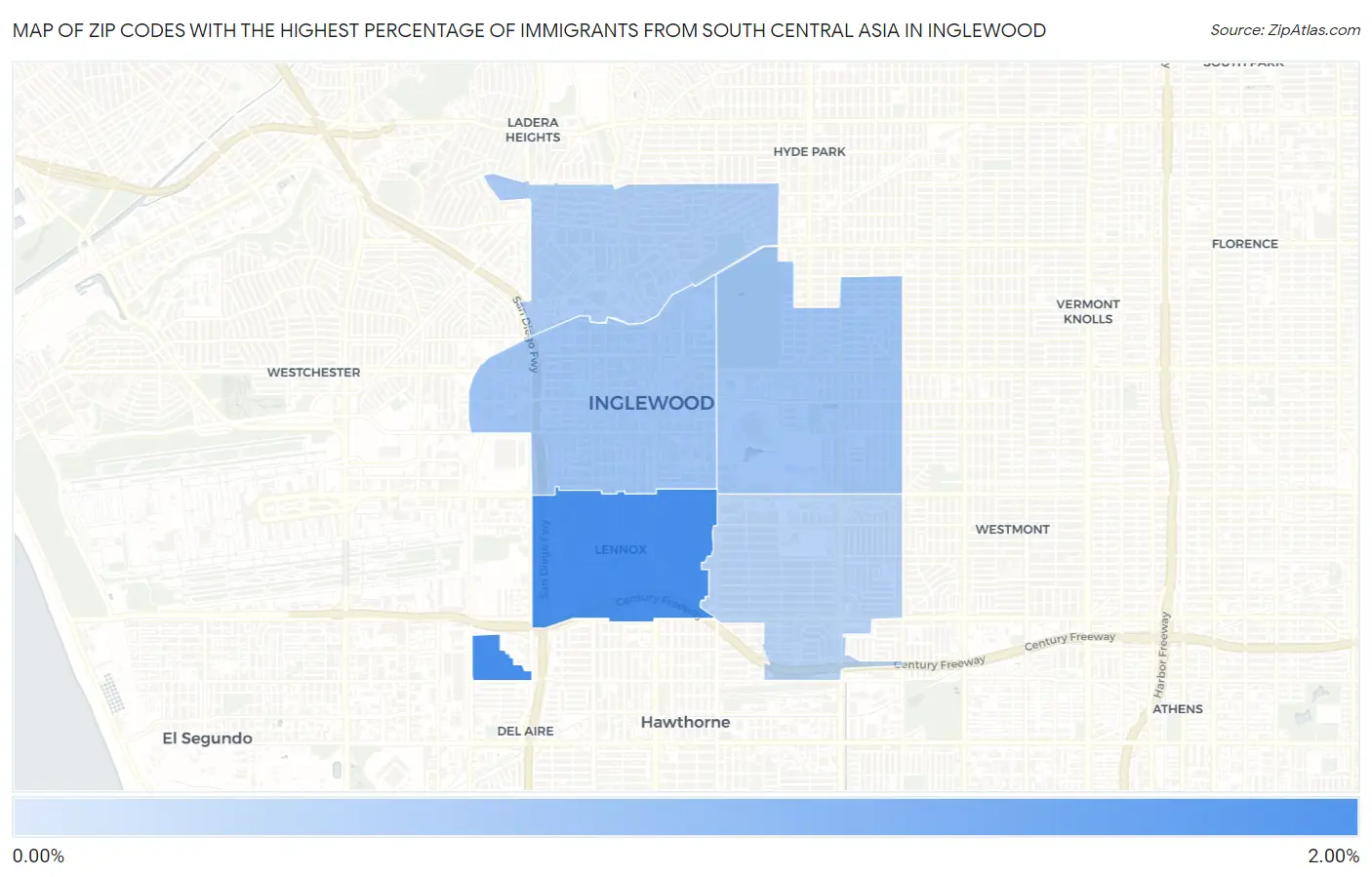 Zip Codes with the Highest Percentage of Immigrants from South Central Asia in Inglewood Map