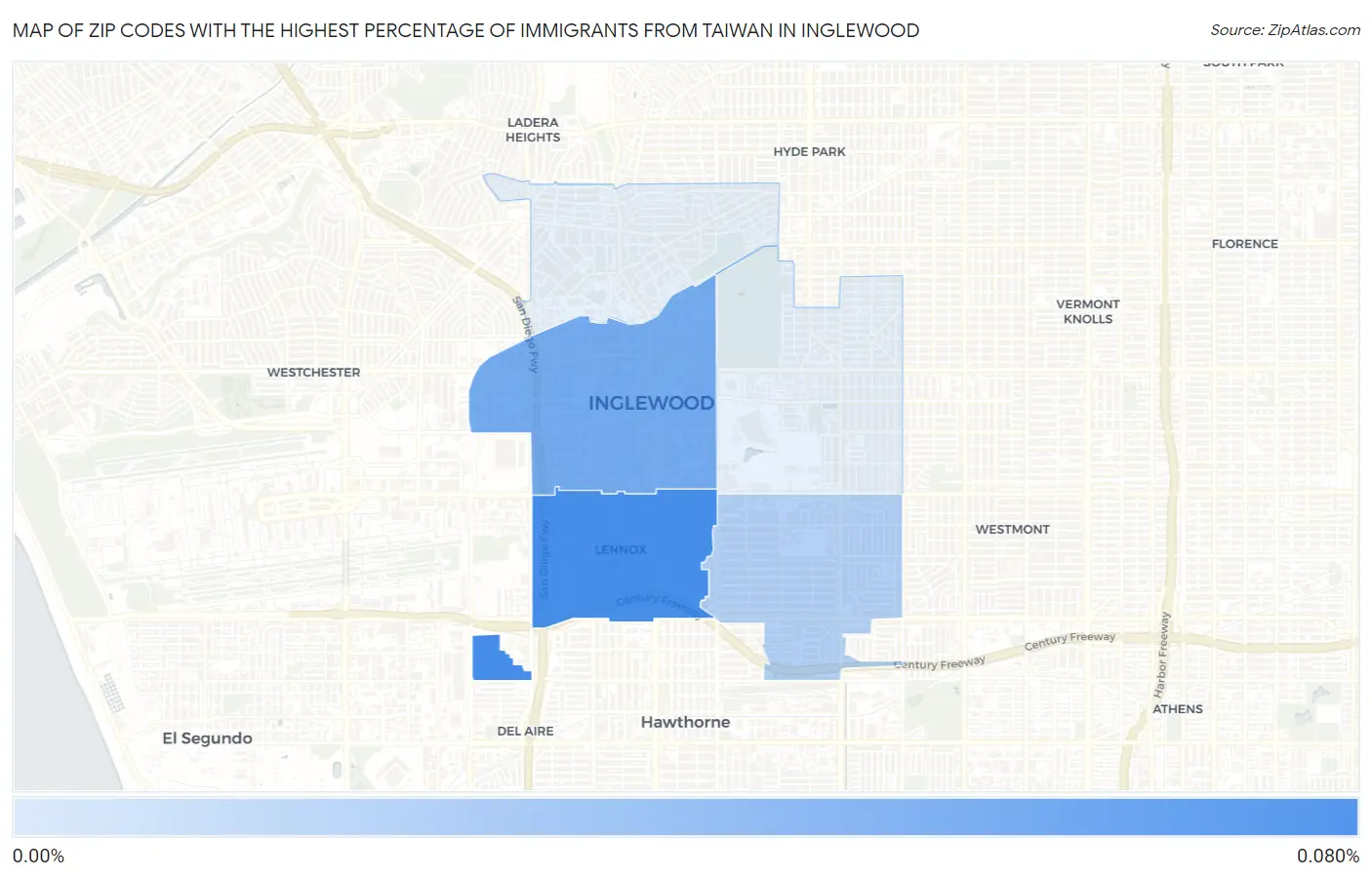Zip Codes with the Highest Percentage of Immigrants from Taiwan in Inglewood Map