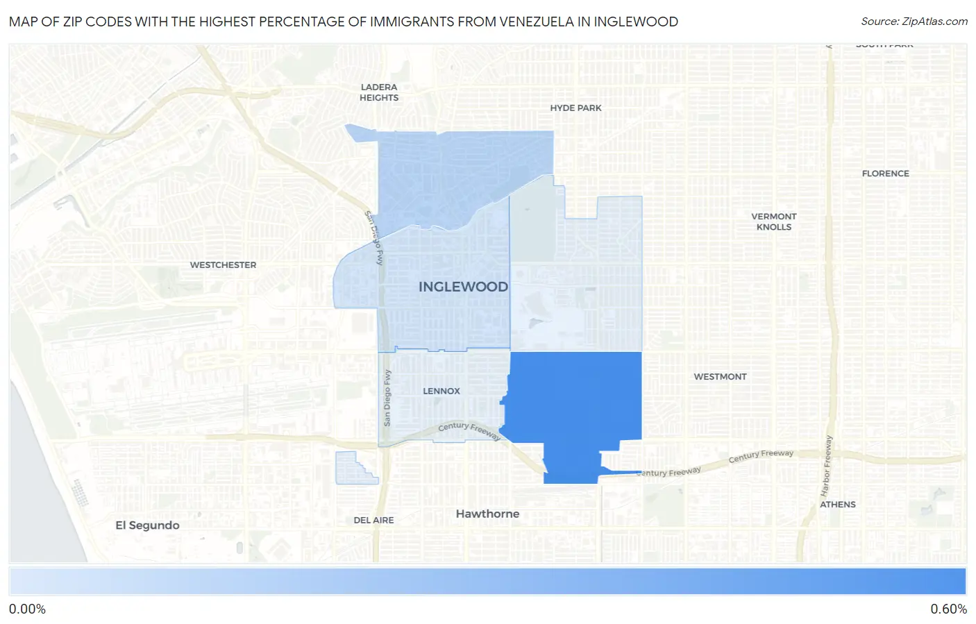 Zip Codes with the Highest Percentage of Immigrants from Venezuela in Inglewood Map