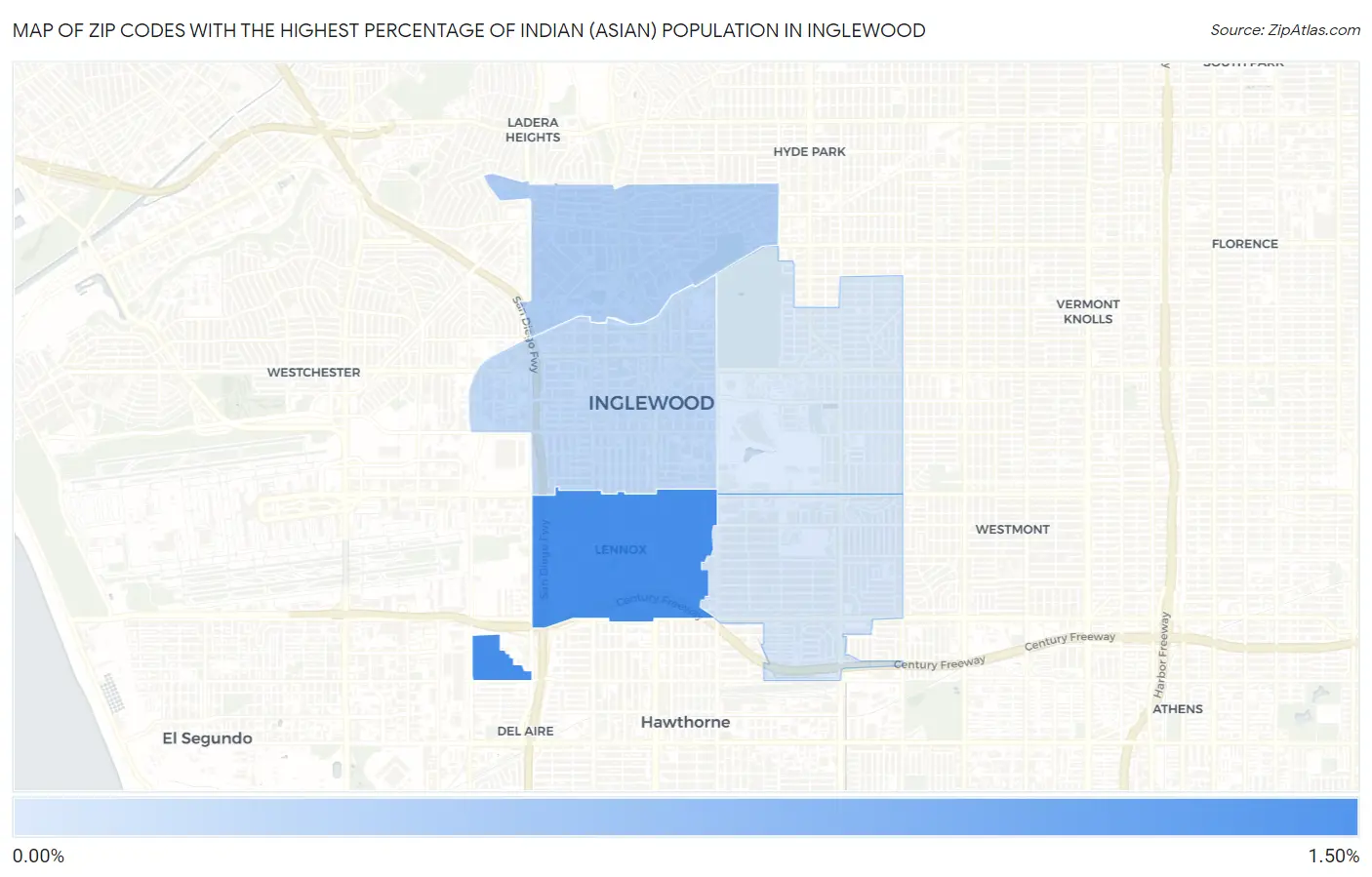 Zip Codes with the Highest Percentage of Indian (Asian) Population in Inglewood Map