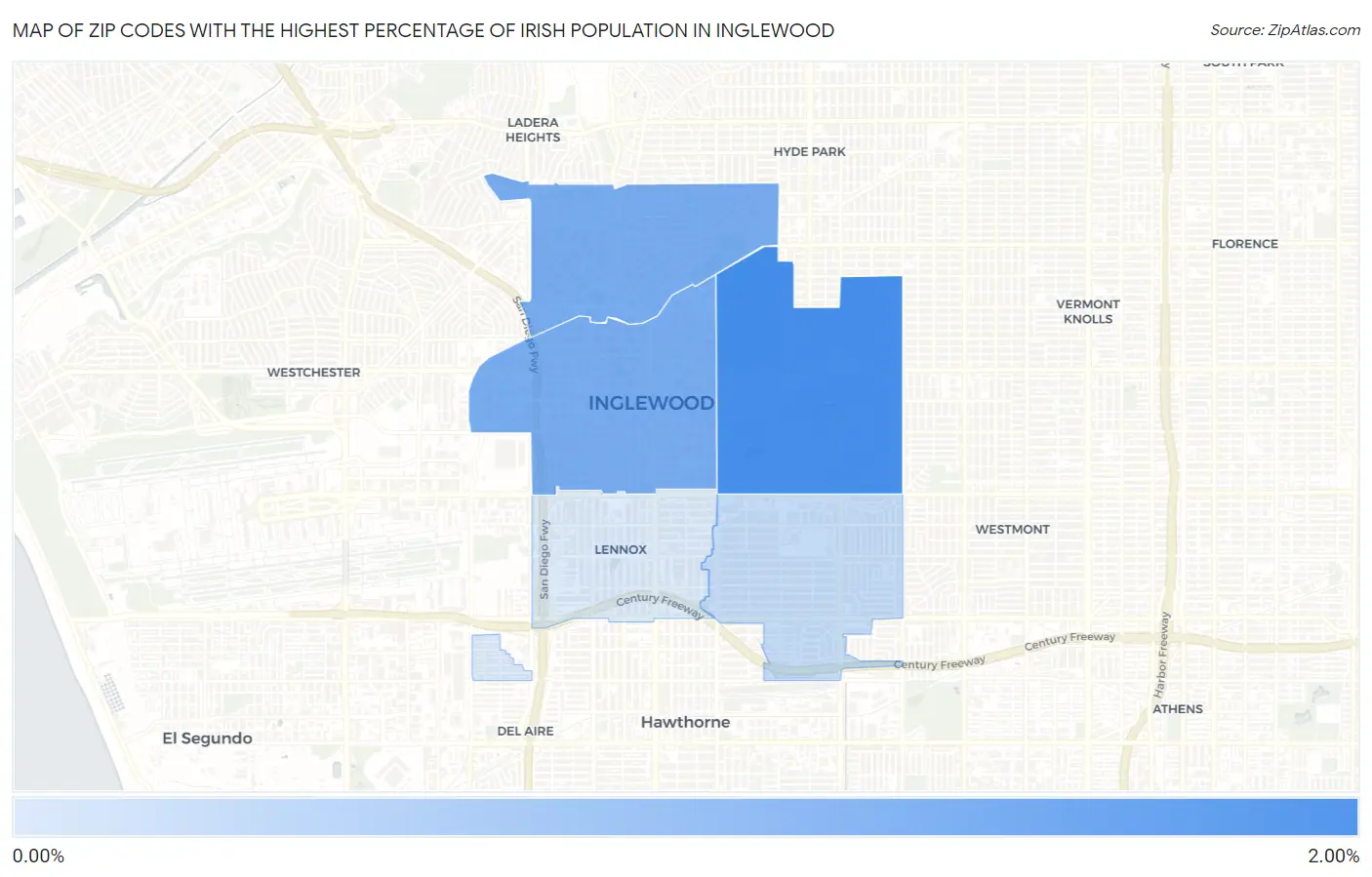 Zip Codes with the Highest Percentage of Irish Population in Inglewood Map