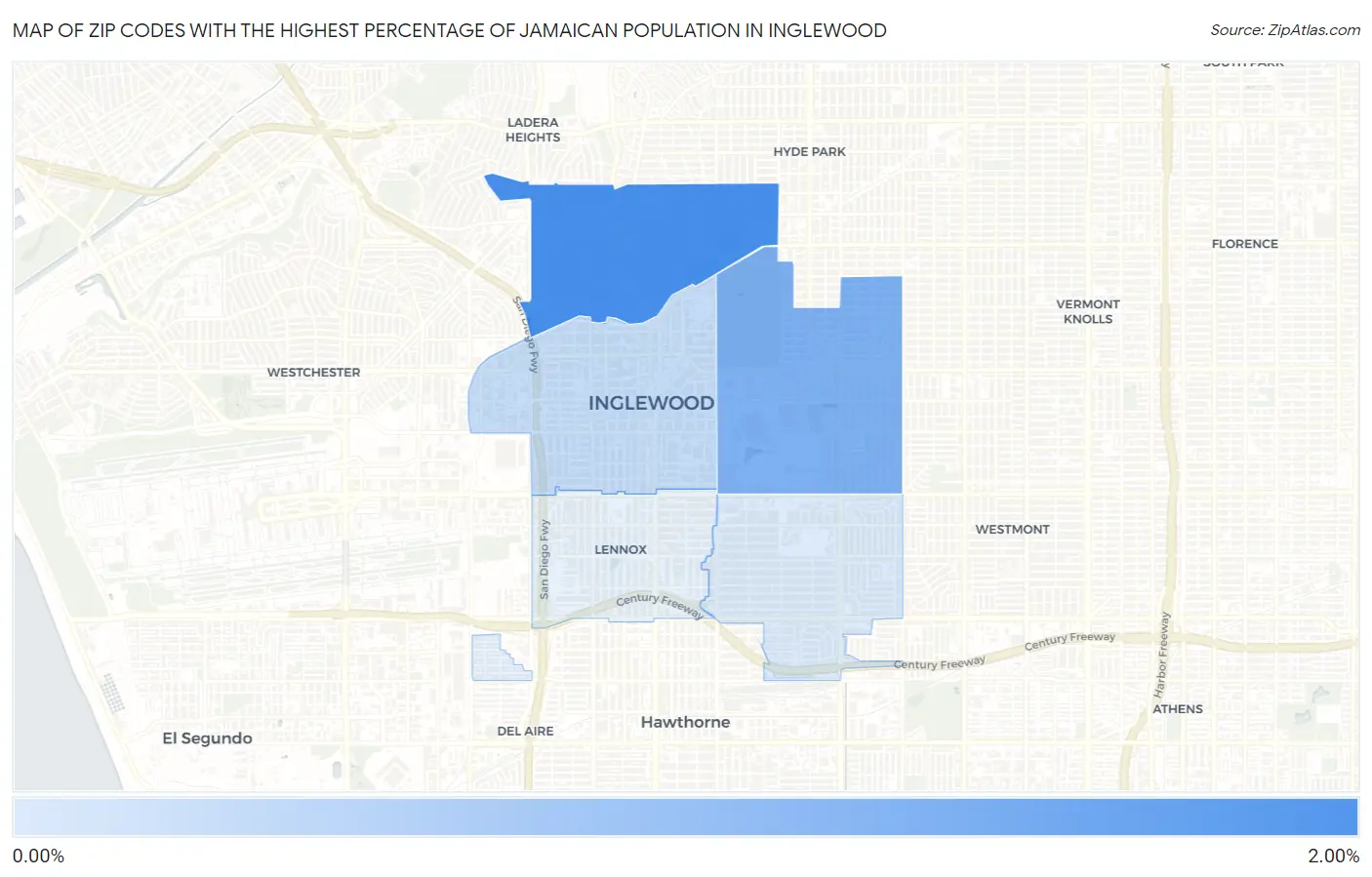 Zip Codes with the Highest Percentage of Jamaican Population in Inglewood Map