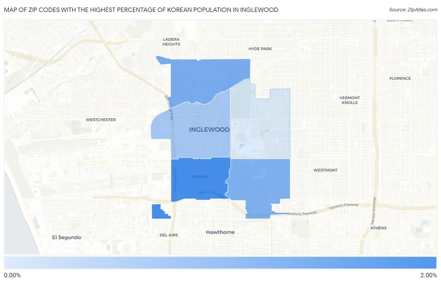 Zip Codes with the Highest Percentage of Korean Population in Inglewood Map