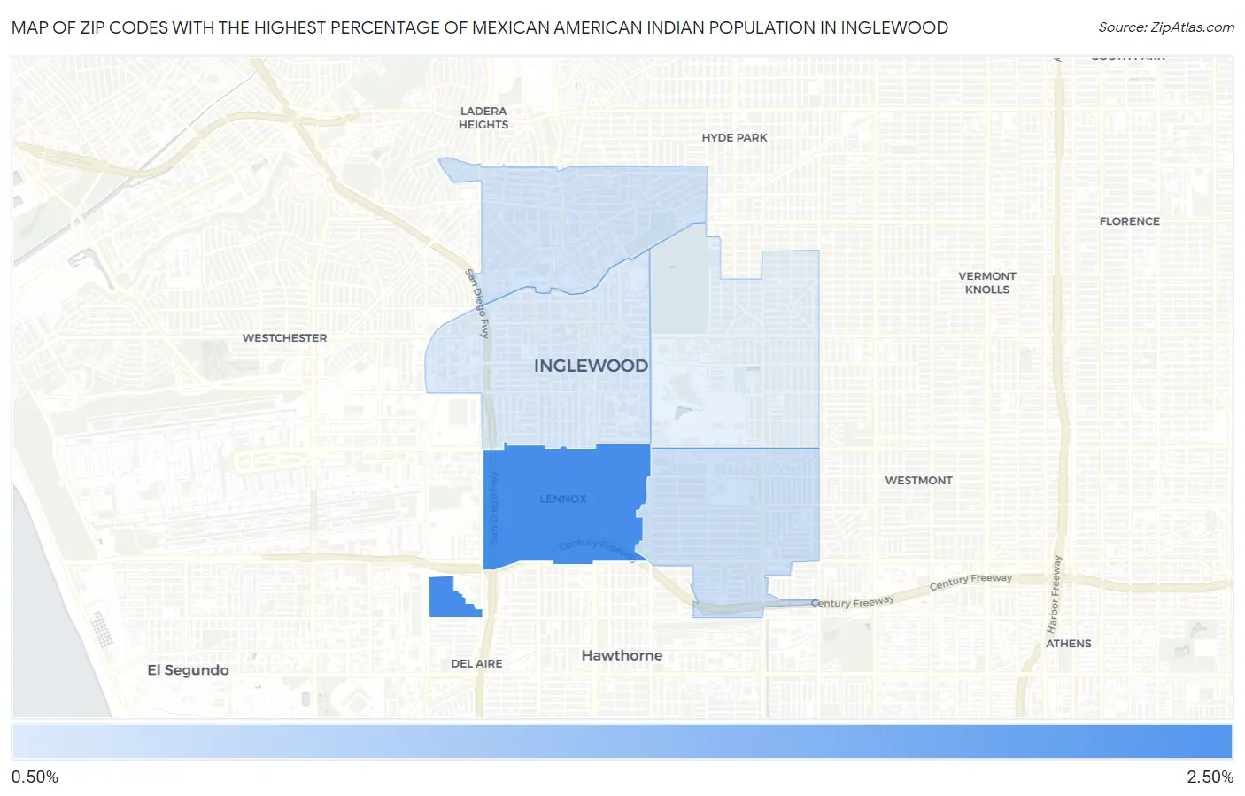 Zip Codes with the Highest Percentage of Mexican American Indian Population in Inglewood Map