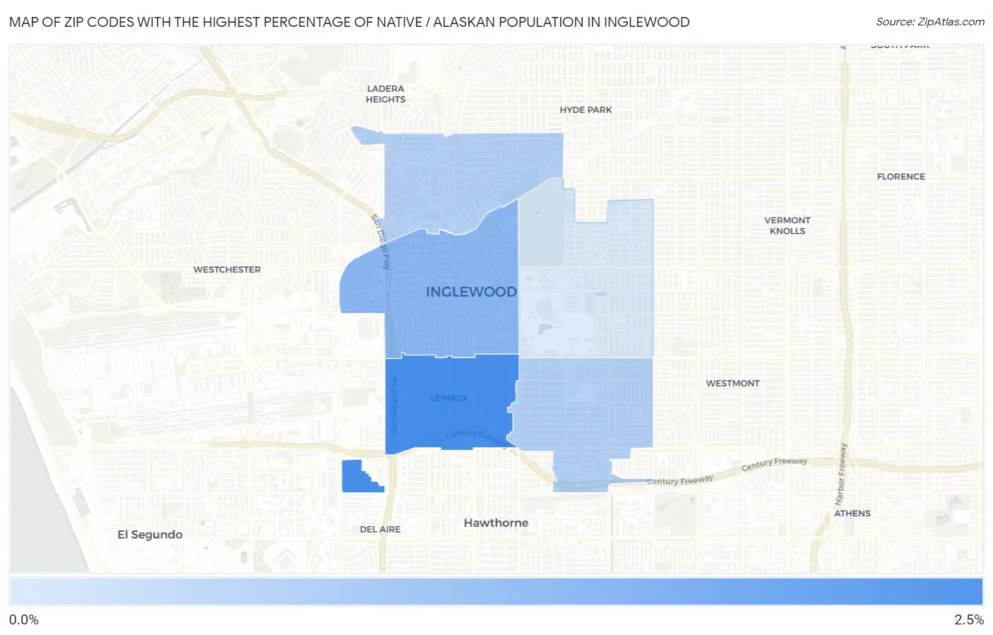 Zip Codes with the Highest Percentage of Native / Alaskan Population in Inglewood Map