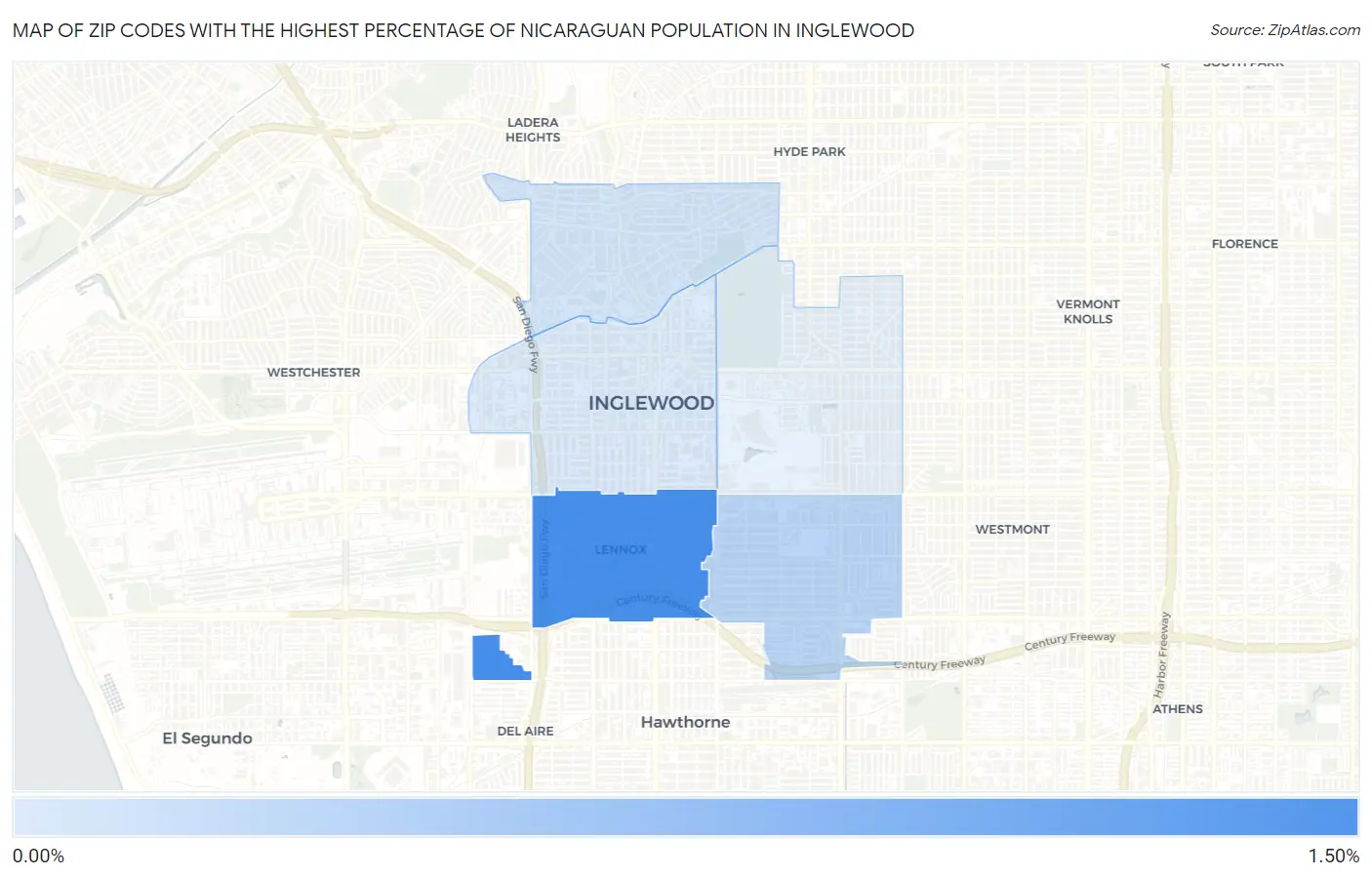 Zip Codes with the Highest Percentage of Nicaraguan Population in Inglewood Map