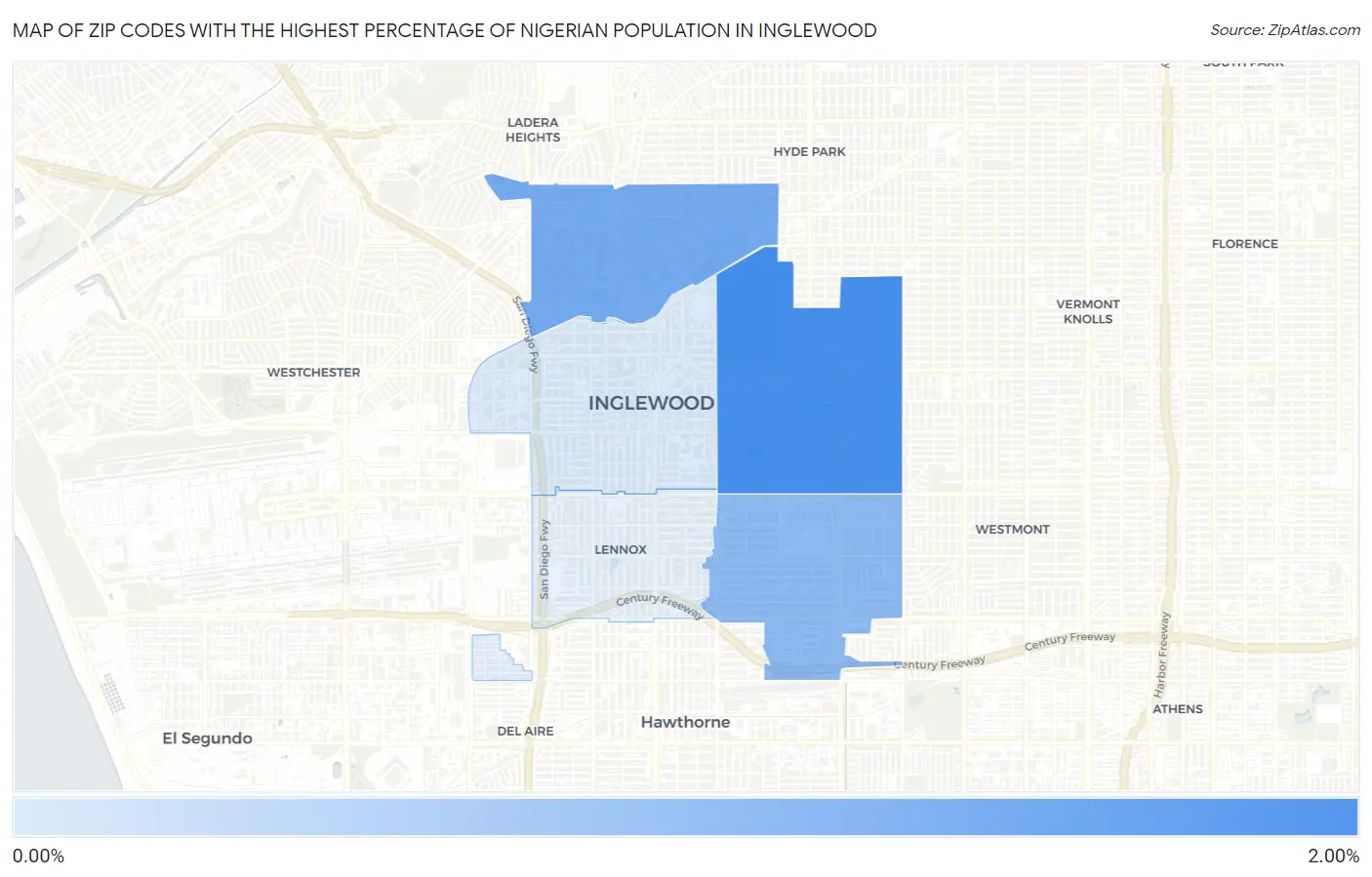 Zip Codes with the Highest Percentage of Nigerian Population in Inglewood Map