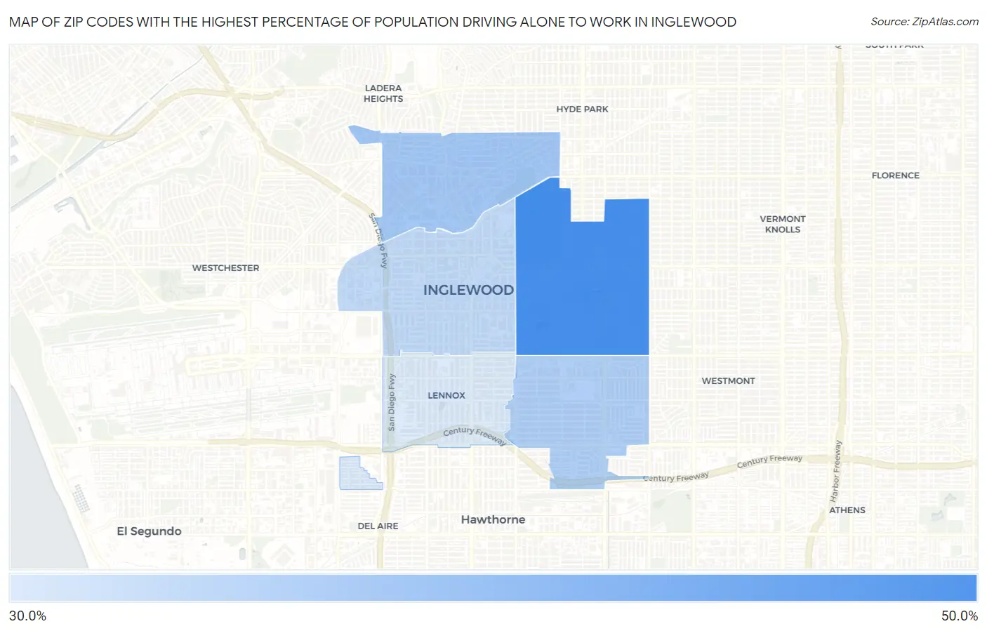 Zip Codes with the Highest Percentage of Population Driving Alone to Work in Inglewood Map