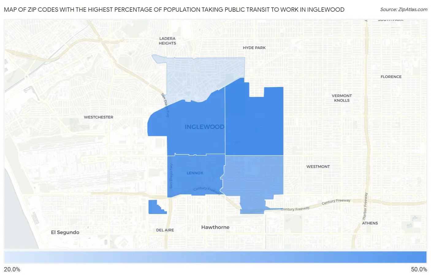 Zip Codes with the Highest Percentage of Population Taking Public Transit to Work in Inglewood Map