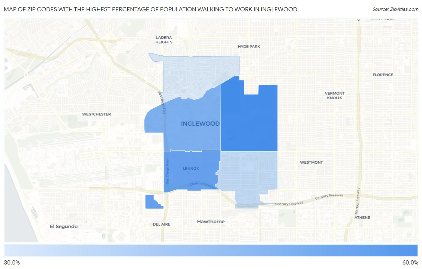 Zip Codes with the Highest Percentage of Population Walking to Work in Inglewood Map