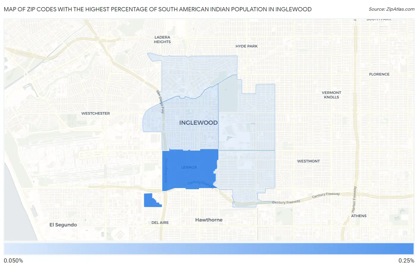 Zip Codes with the Highest Percentage of South American Indian Population in Inglewood Map