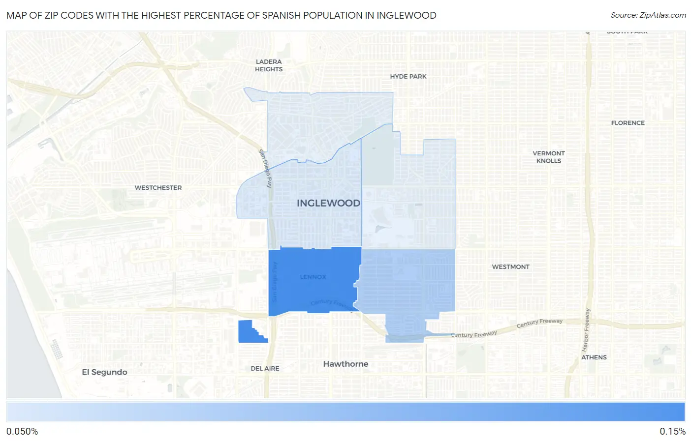 Zip Codes with the Highest Percentage of Spanish Population in Inglewood Map