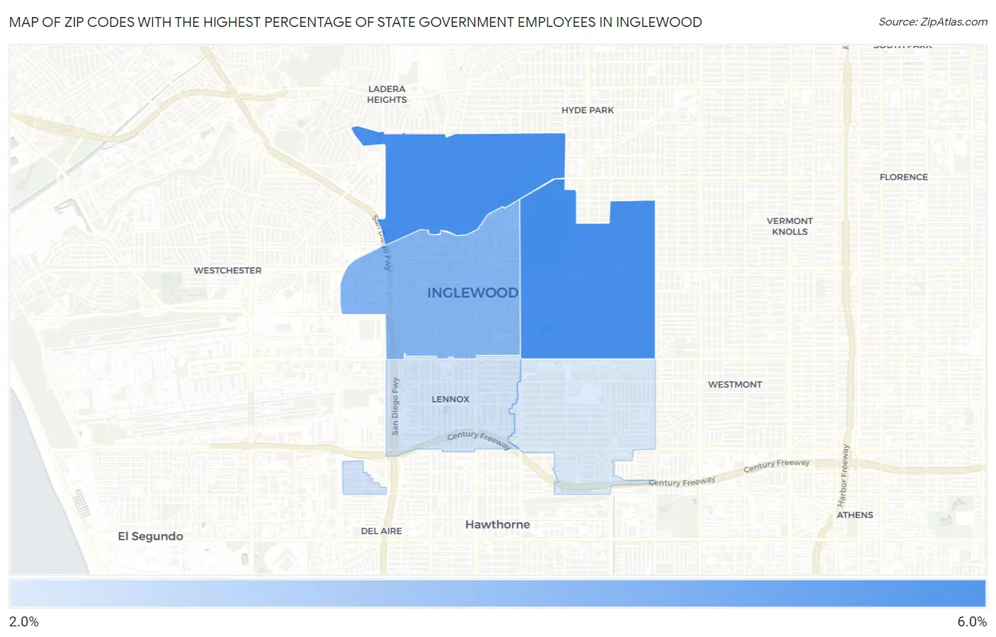 Zip Codes with the Highest Percentage of State Government Employees in Inglewood Map