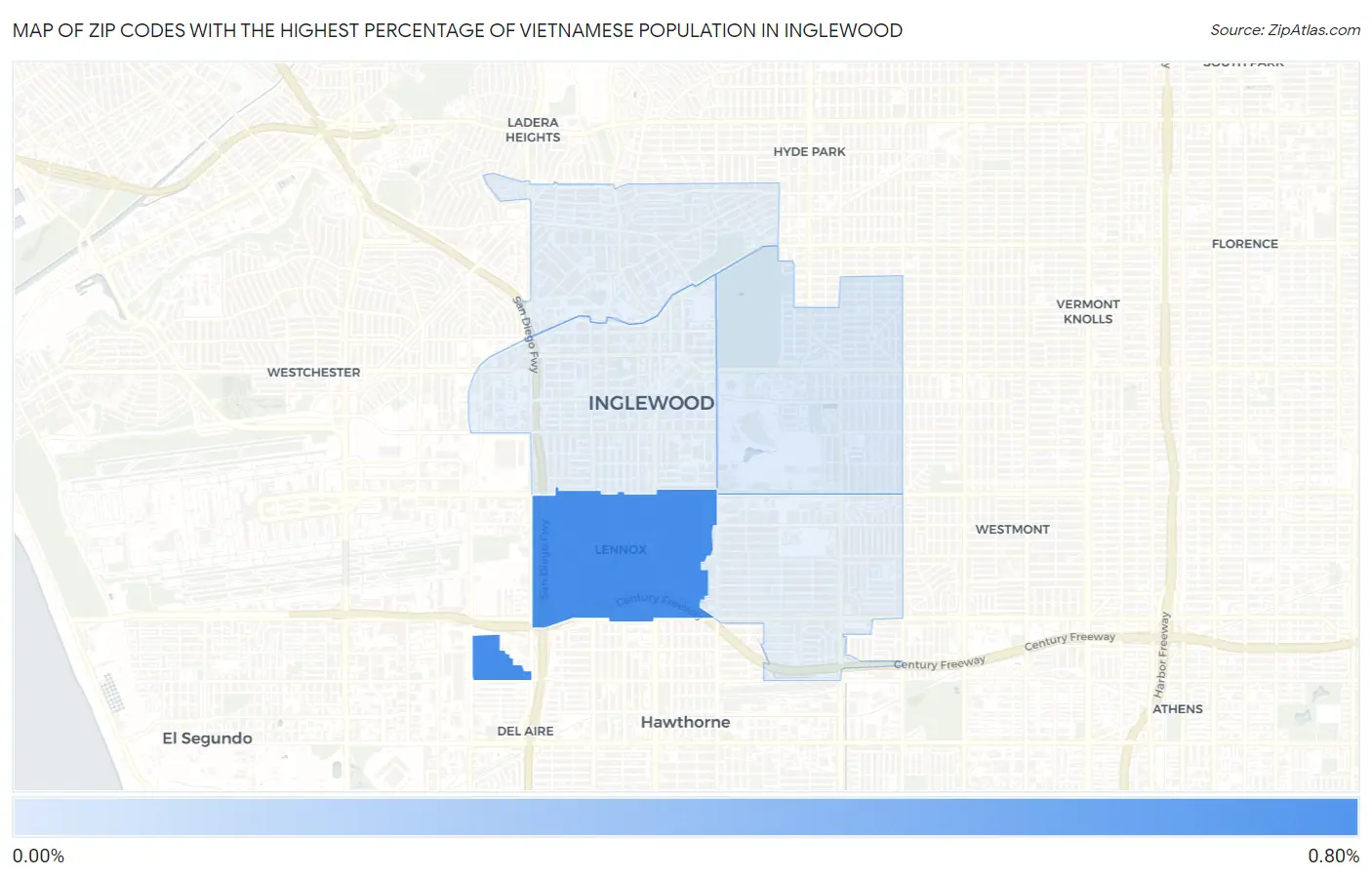 Zip Codes with the Highest Percentage of Vietnamese Population in Inglewood Map