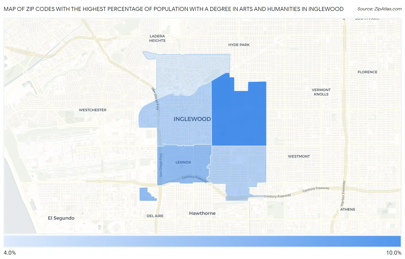 Zip Codes with the Highest Percentage of Population with a Degree in Arts and Humanities in Inglewood Map