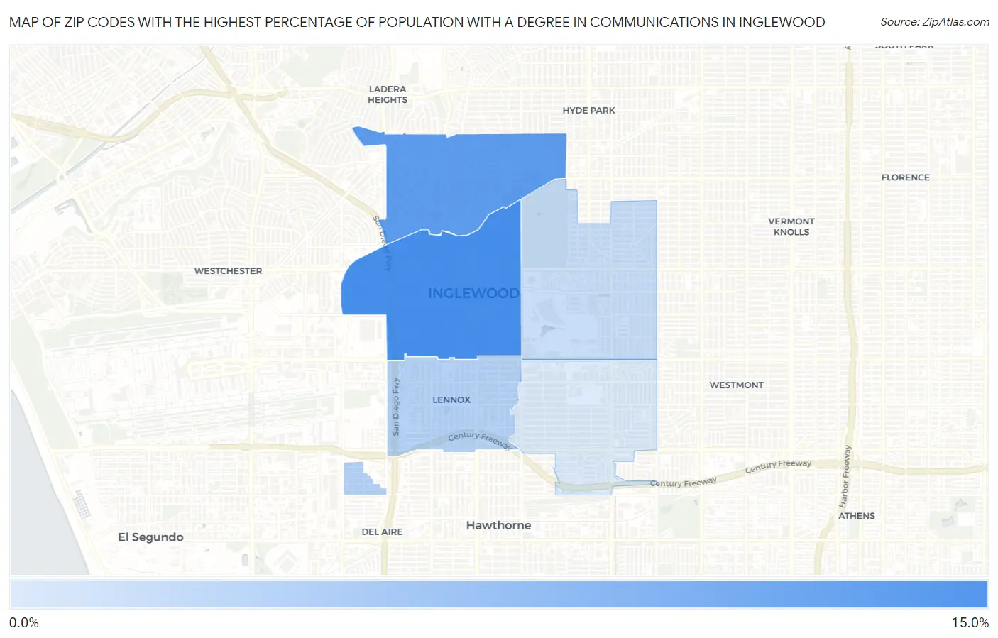 Zip Codes with the Highest Percentage of Population with a Degree in Communications in Inglewood Map