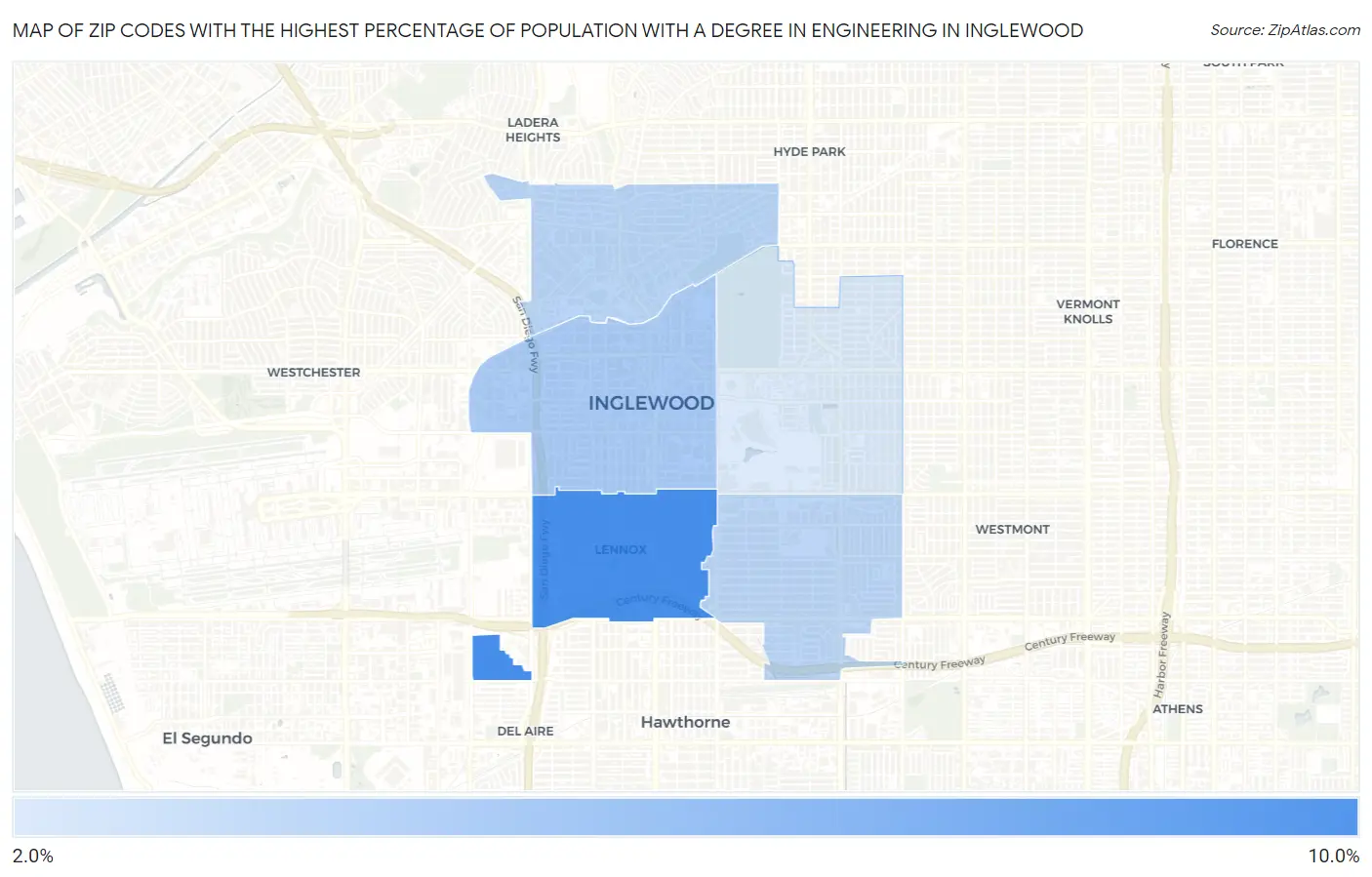 Zip Codes with the Highest Percentage of Population with a Degree in Engineering in Inglewood Map