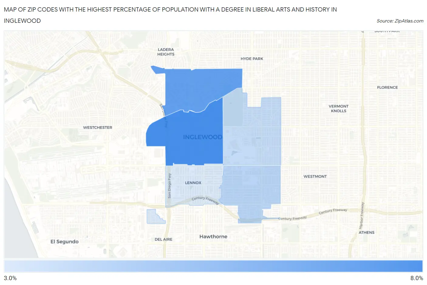 Zip Codes with the Highest Percentage of Population with a Degree in Liberal Arts and History in Inglewood Map