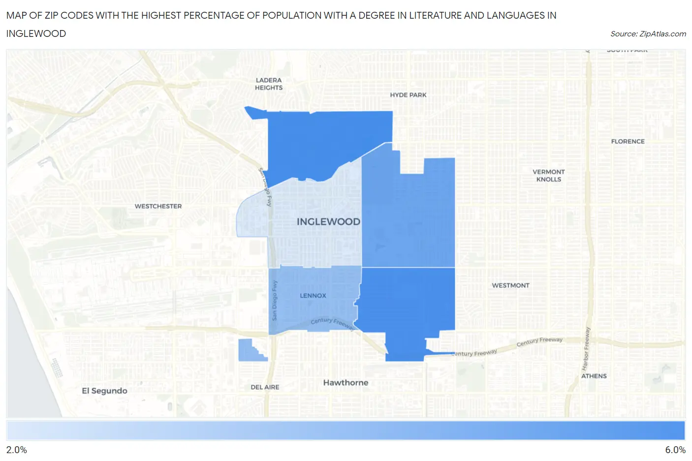 Zip Codes with the Highest Percentage of Population with a Degree in Literature and Languages in Inglewood Map