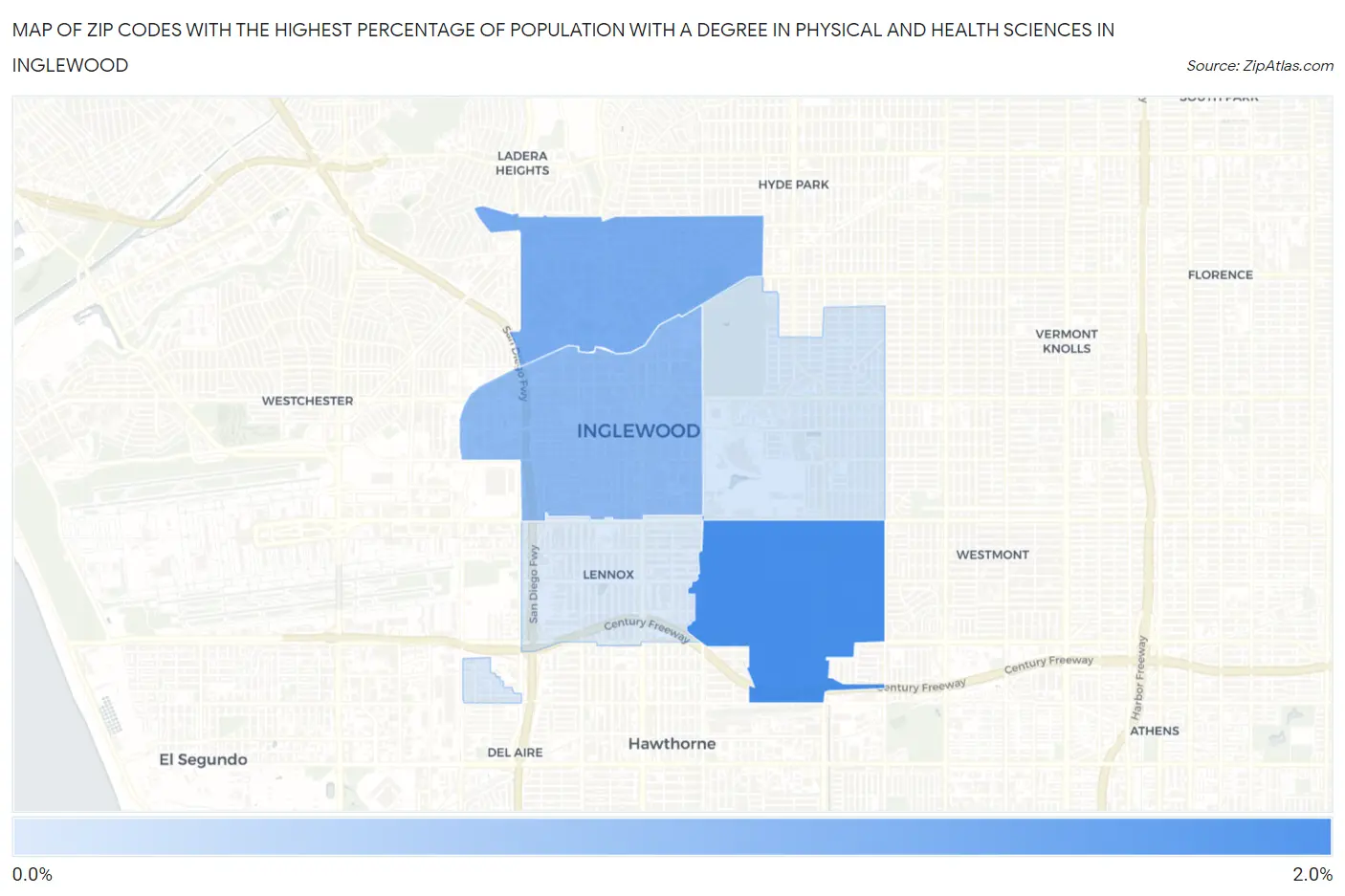 Zip Codes with the Highest Percentage of Population with a Degree in Physical and Health Sciences in Inglewood Map