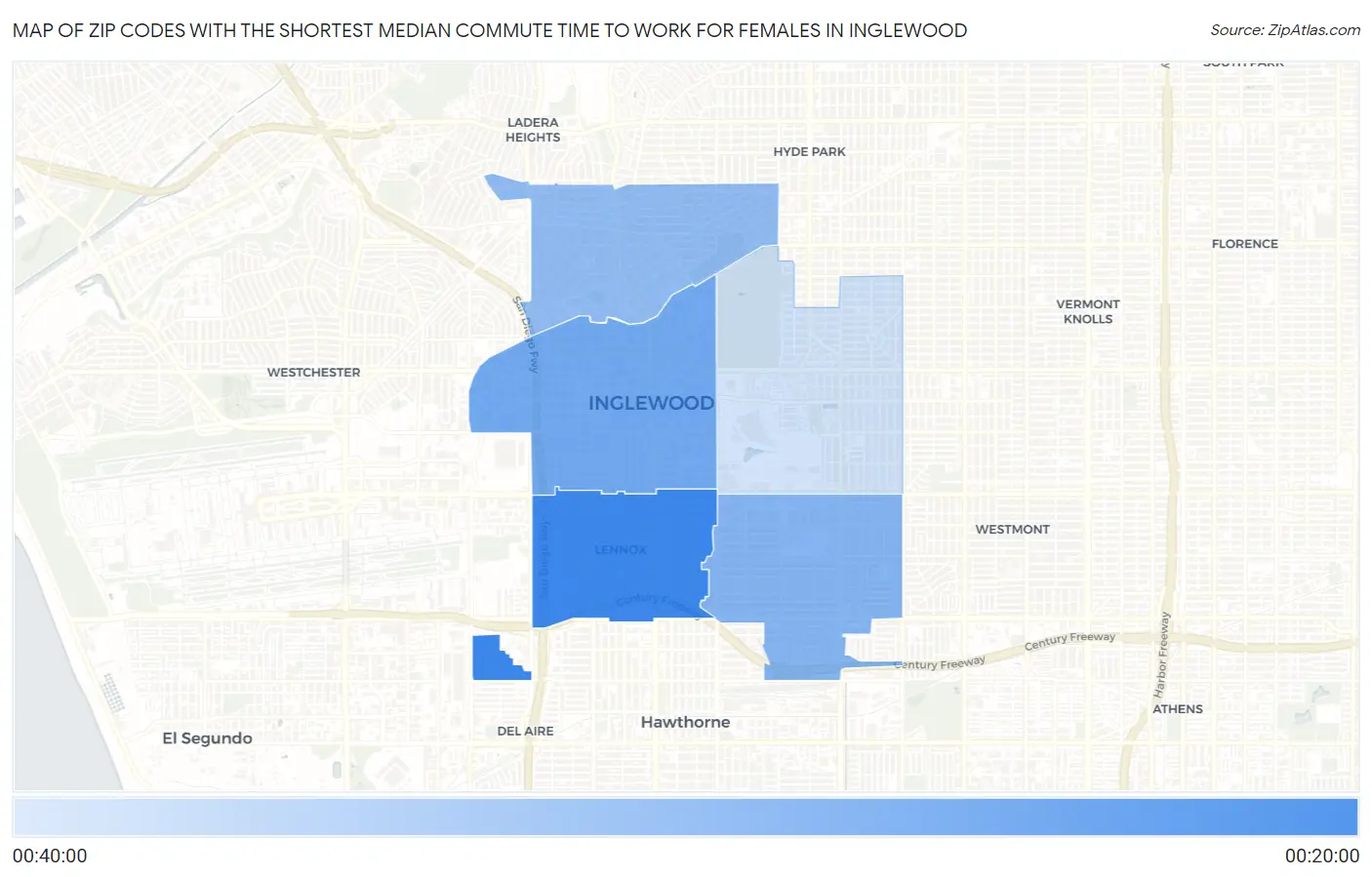 Zip Codes with the Shortest Median Commute Time to Work for Females in Inglewood Map
