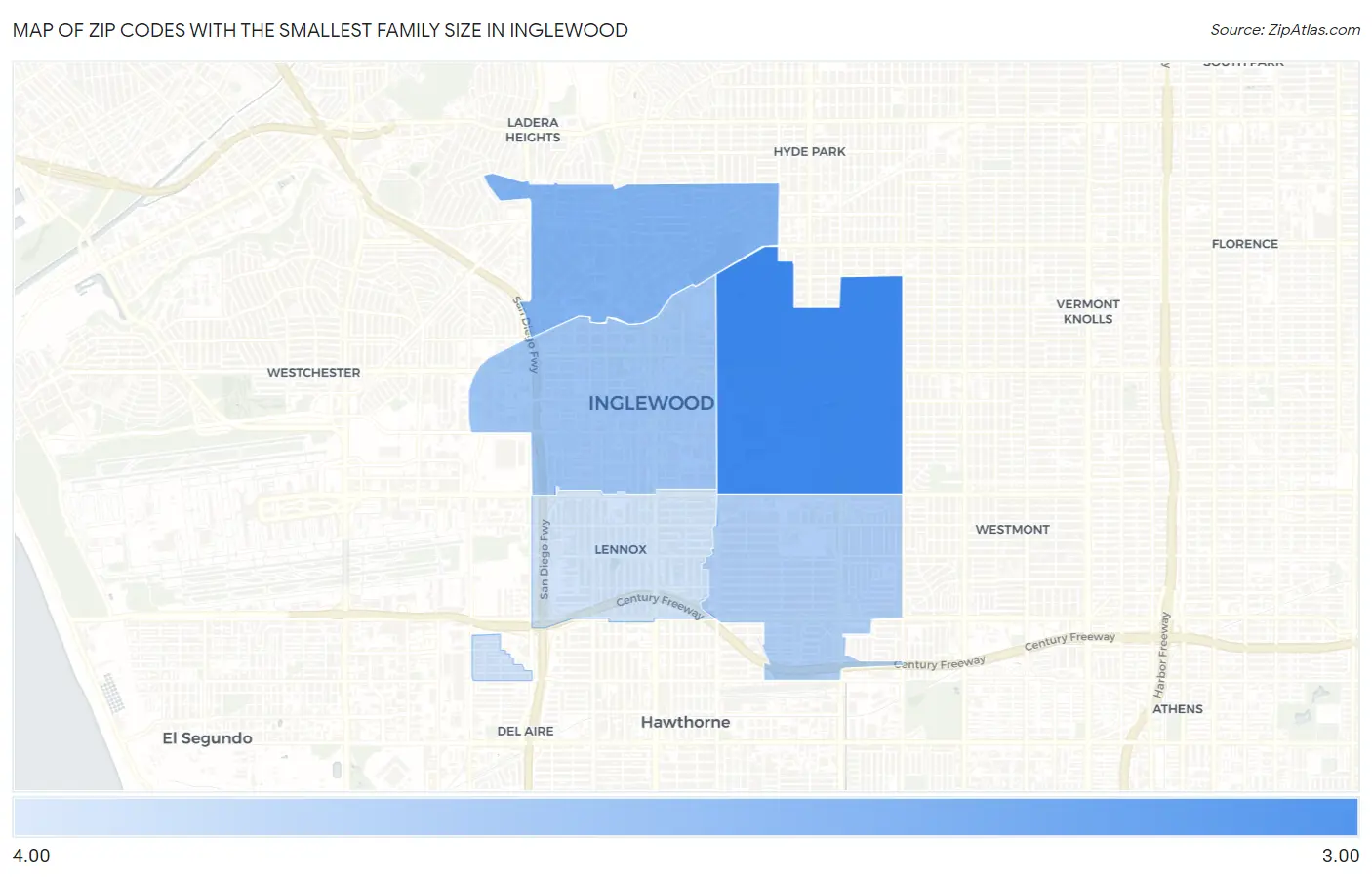 Zip Codes with the Smallest Family Size in Inglewood Map