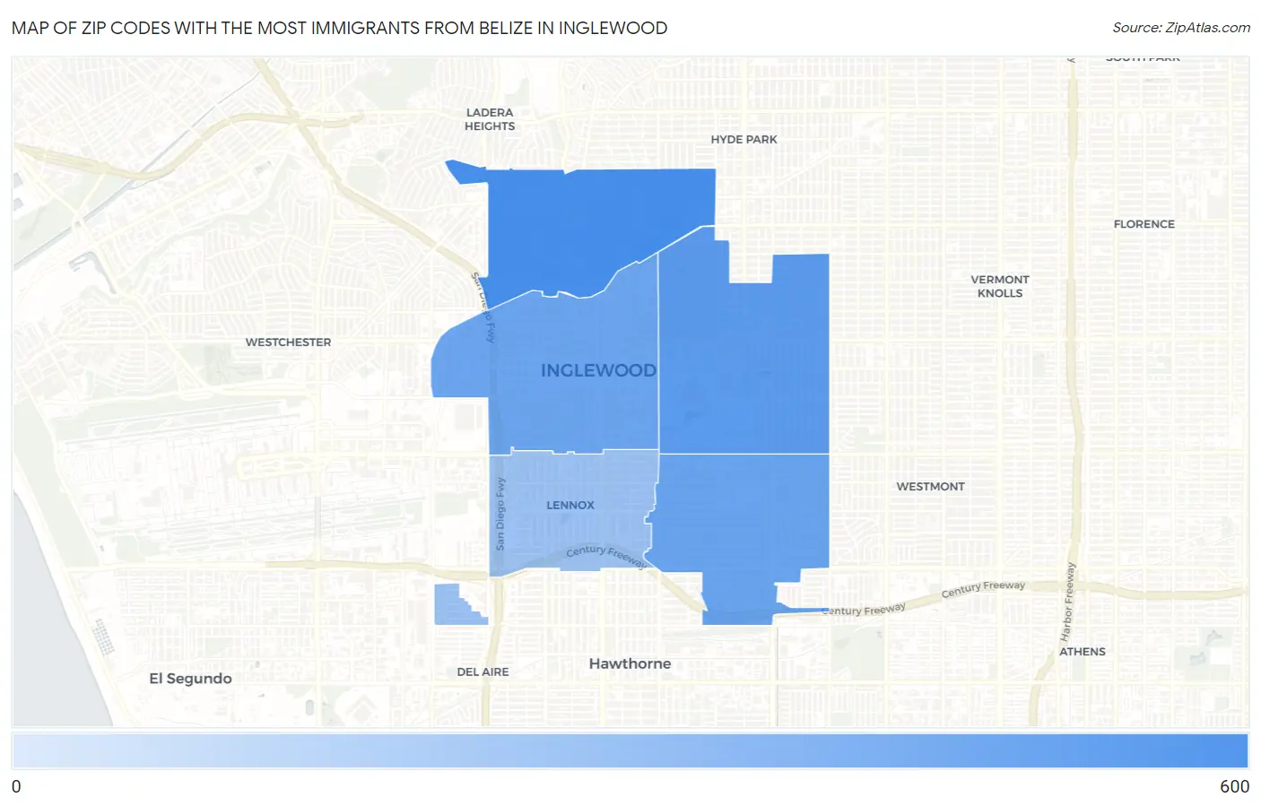 Zip Codes with the Most Immigrants from Belize in Inglewood Map
