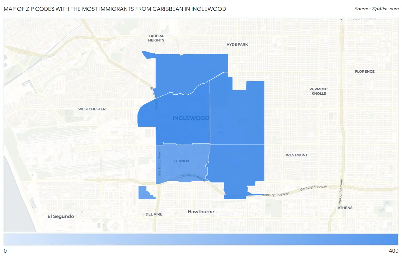 Zip Codes with the Most Immigrants from Caribbean in Inglewood Map