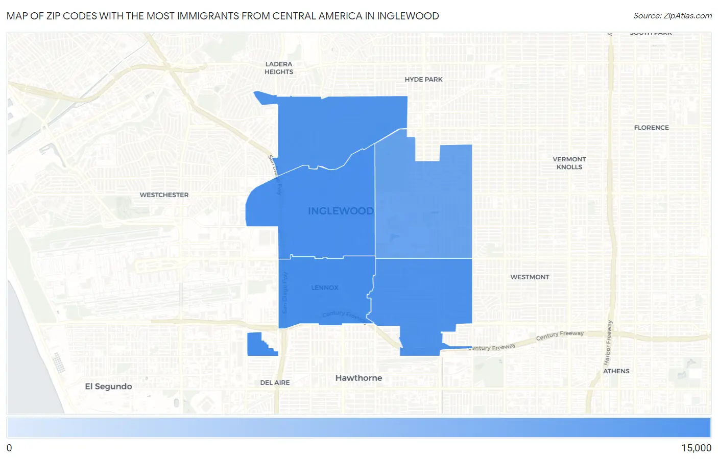 Zip Codes with the Most Immigrants from Central America in Inglewood Map