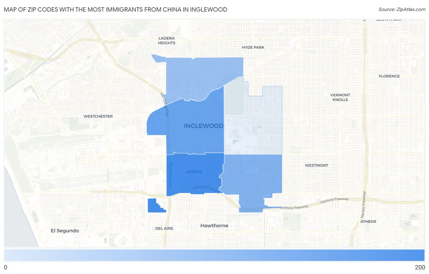 Zip Codes with the Most Immigrants from China in Inglewood Map